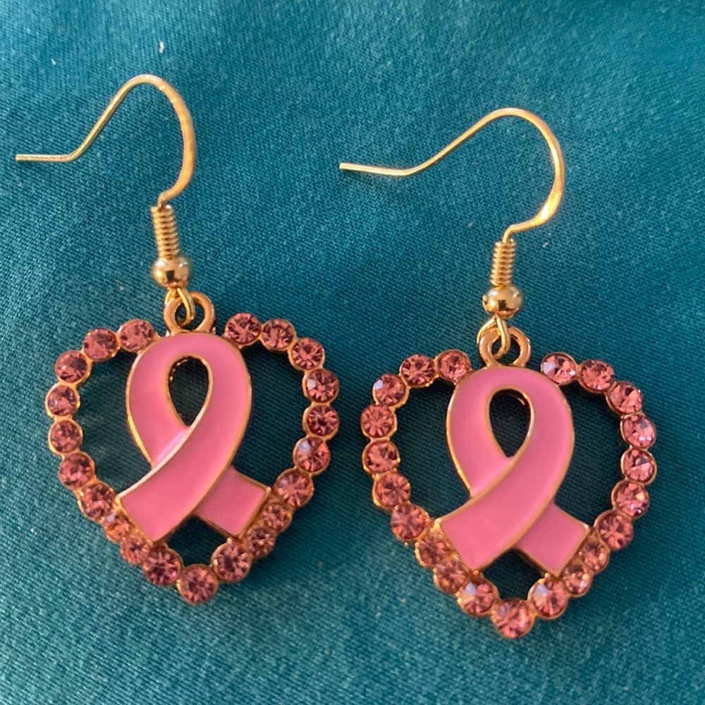Breast cancer ribbon insider a pink crystal heart gold over ss hooks
